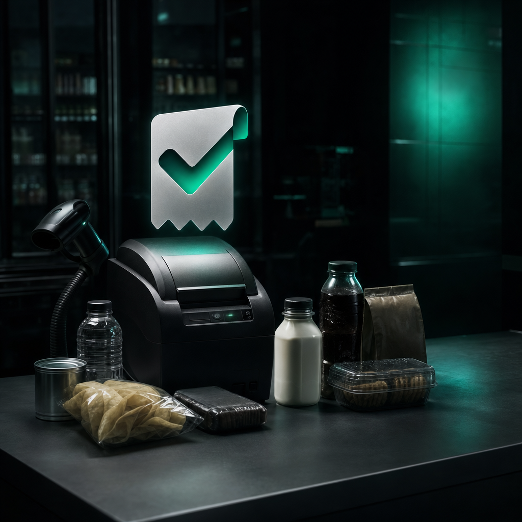 Receipt hovering above a thermal printer on a late-night shop counter crowded with snacks and drinks